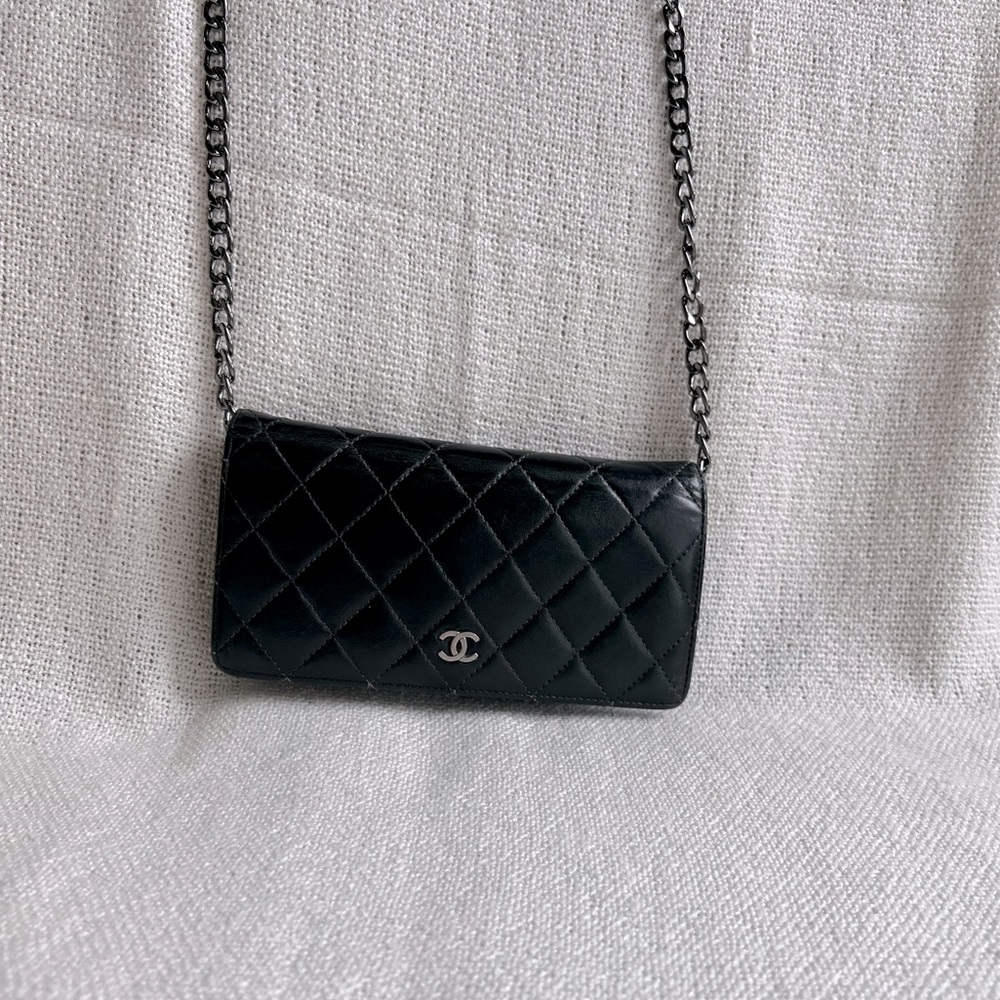 Authentic Chanel Matelassé Black Lambskin Wallet with Added Chain